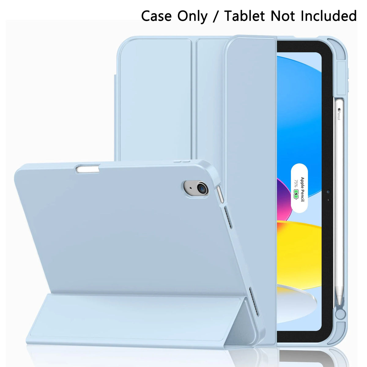 A light blue universal protective case for an iPad is shown next to the tablet, with a separate case included.