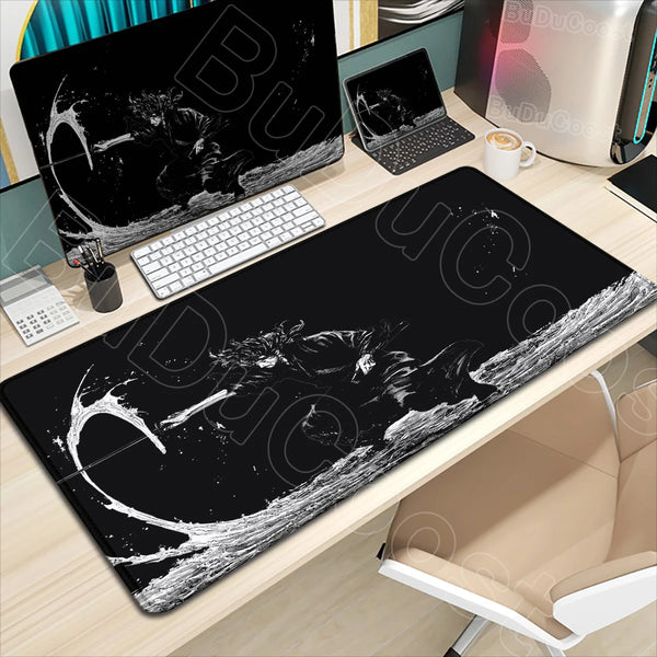 Black gaming mousepad featuring a white design of Miyamoto Musashi from the Vagabond manga