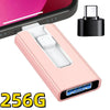 A pink USB 3.0 flash drive with Lightning and Type-C connectors shown next to a smartphone.