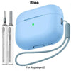 Blue liquid silicone case for AirPods Pro 2 with a cleaning pen and lanyard