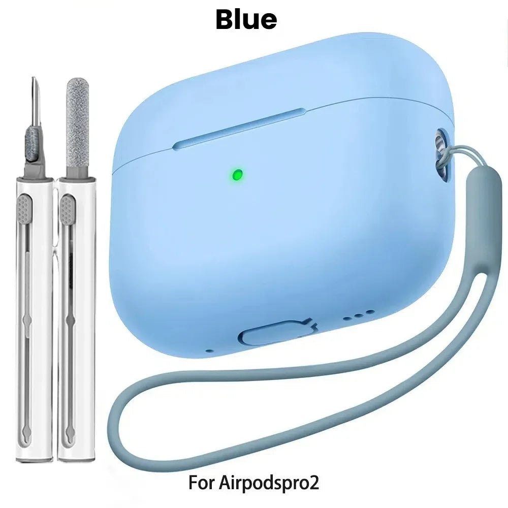Blue liquid silicone case for AirPods Pro 2 with a cleaning pen and lanyard