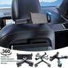 A black telescopic car headrest phone and tablet mount with a flexible operation design shown in various angles.