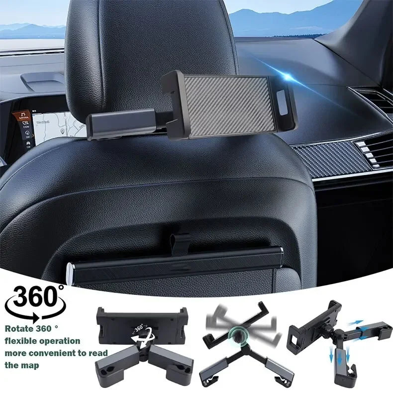 A black telescopic car headrest phone and tablet mount with a flexible operation design shown in various angles.