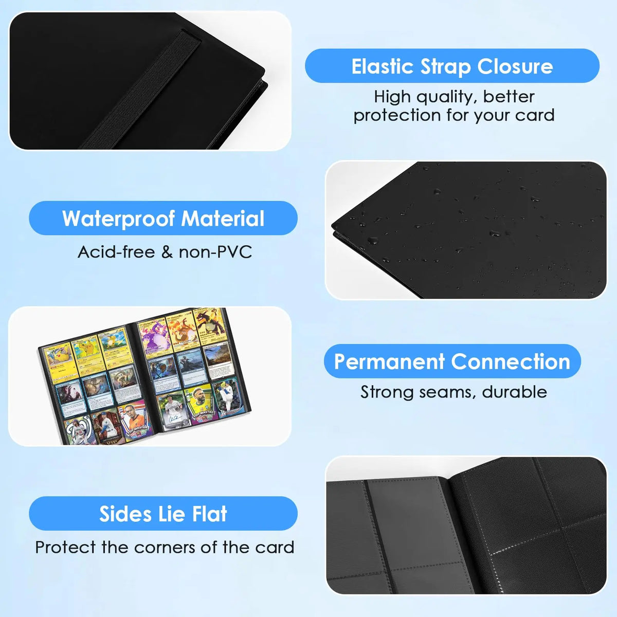 Carpeta para cartas con 9 bolsillos, cierre elástico, material impermeable y costuras permanentes