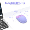 Purple gradient cat-shaped wireless mouse shown next to a laptop keyboard with adjustable DPI levels displayed on a circular 