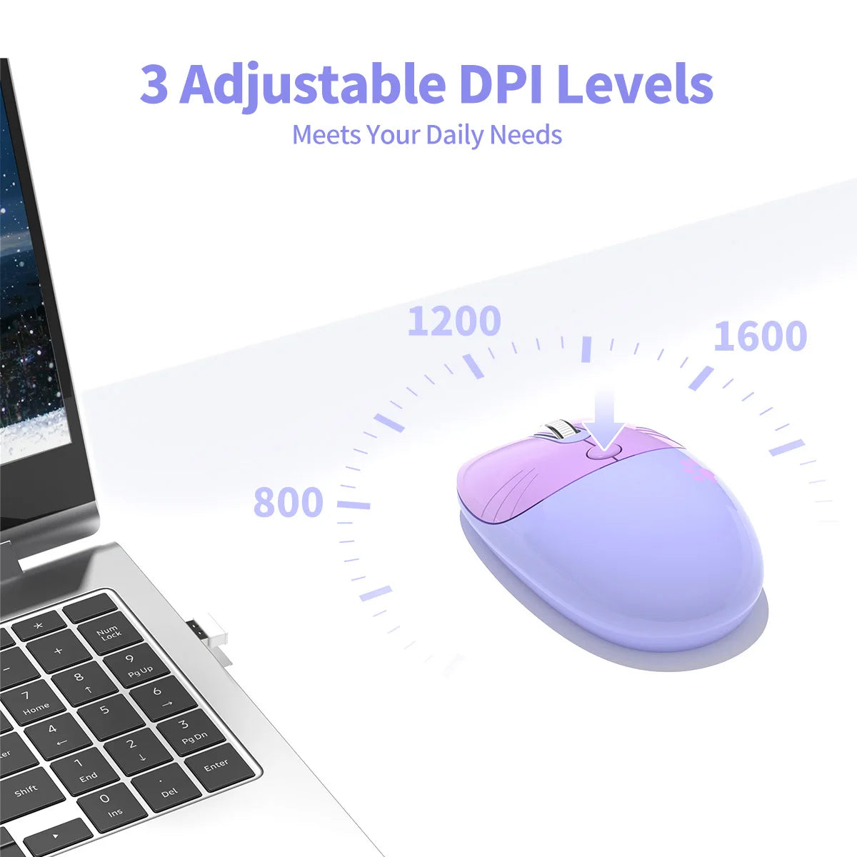 Purple gradient cat-shaped wireless mouse shown next to a laptop keyboard with adjustable DPI levels displayed on a circular 