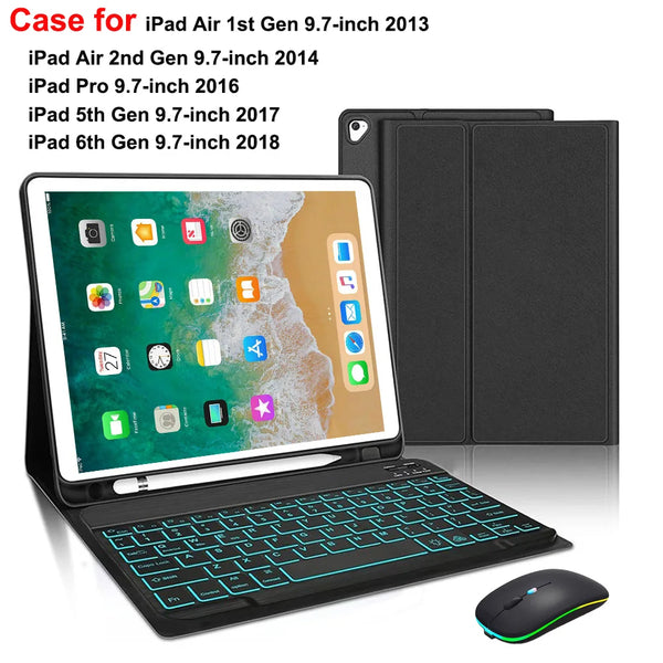 A black Bluetooth keyboard case for an iPad 9.7-inch, shown with a matching black folio cover and mouse.