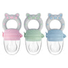 A set of three silicone fruit and vegetable feeders for babies and toddlers in pink, green, and blue.
