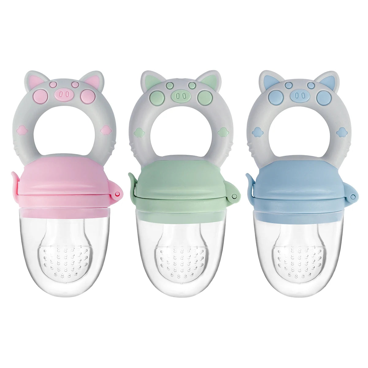 A set of three silicone fruit and vegetable feeders for babies and toddlers in pink, green, and blue.