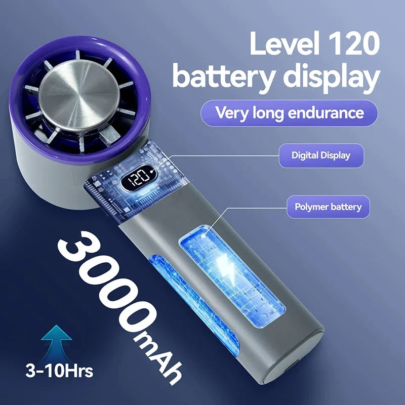 A handheld bladeless cooling fan with a Level 120 battery display and a polymer battery, showing a 3-10Hrs runtime.