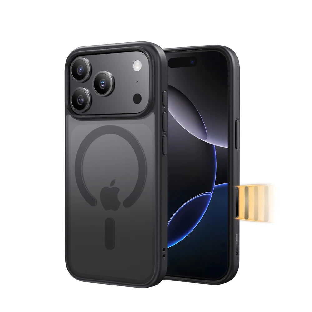 A black magnetic clear case for an iPhone showing the back and camera module.
