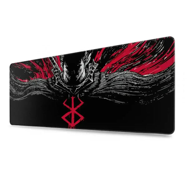 A black and red graphic design featuring a stylized demonic face with flowing hair on a mouse pad.