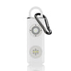 A white personal safety alarm device with a black clip and an LED light feature.