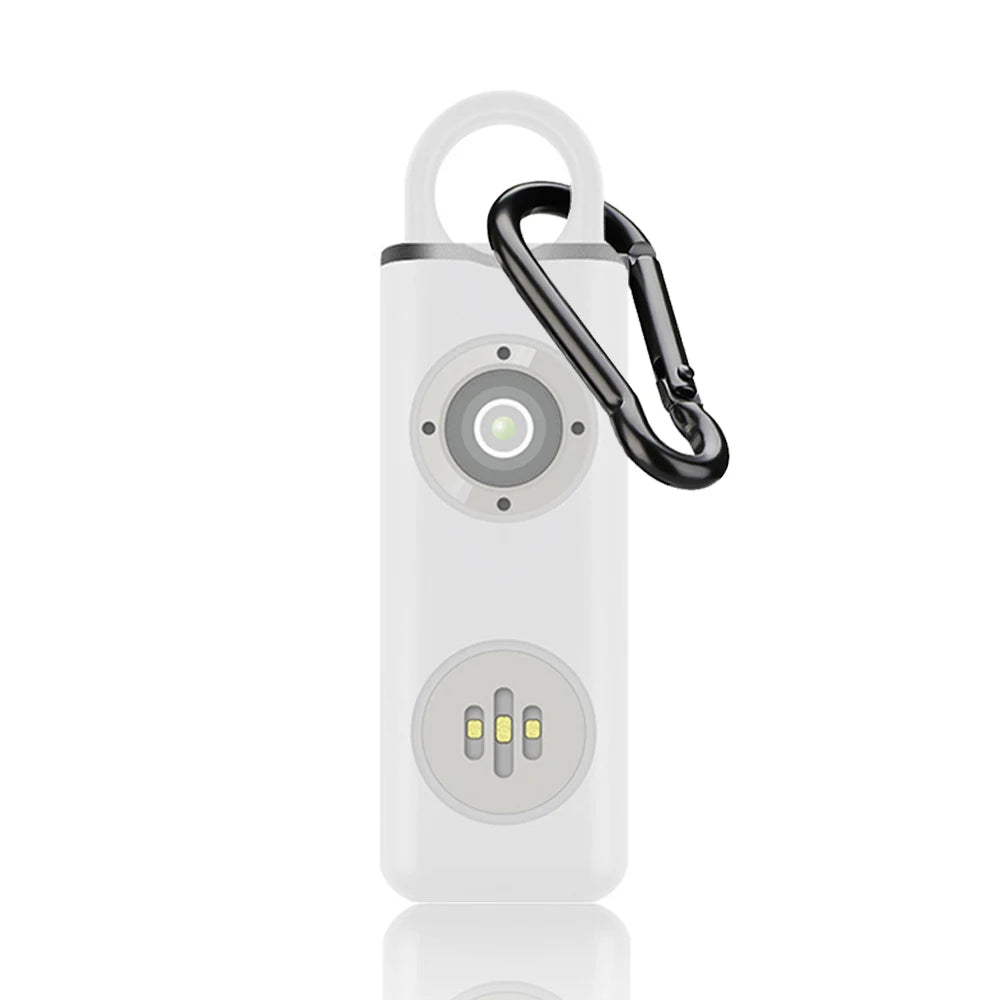 A white personal safety alarm device with a black clip and an LED light feature.