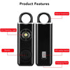 A black personal safety alarm device showing features like an alarm insertion, LED flashing light, buzzer, LED lamp switch, a