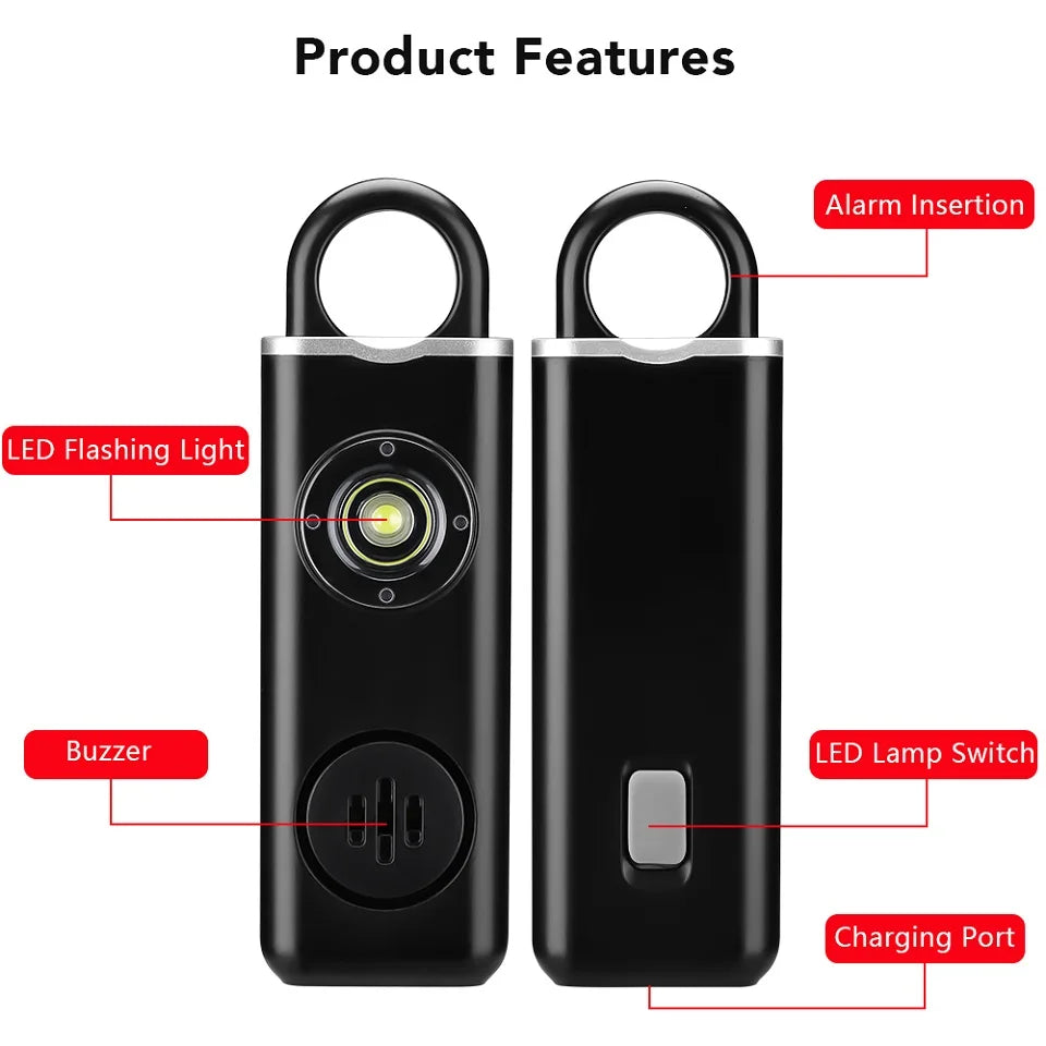 A black personal safety alarm device showing features like an alarm insertion, LED flashing light, buzzer, LED lamp switch, a