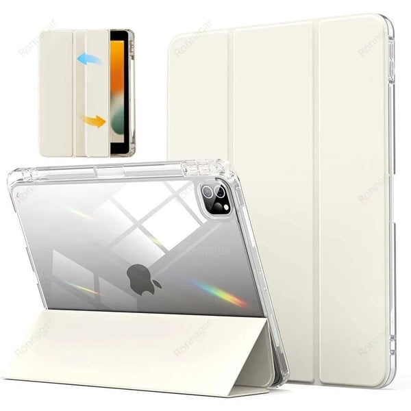 A clear protective case for an Apple iPad is shown alongside a white card and a folded white sheet.