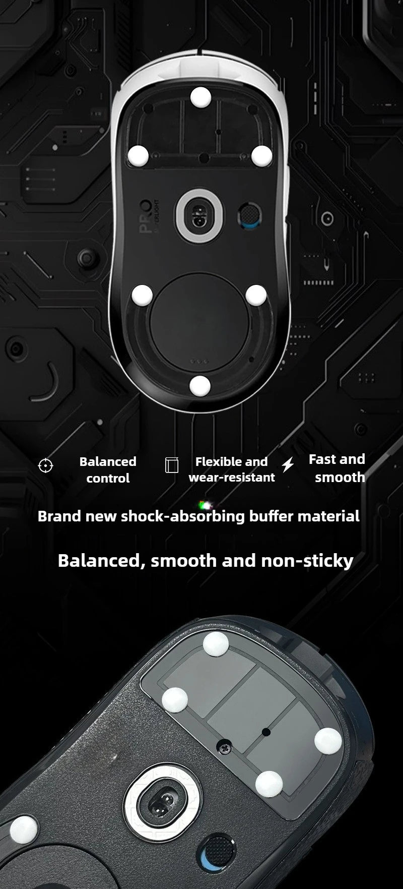 A close-up view of a black PTFE mouse skate with adhesive dots, highlighting its balanced and smooth design.