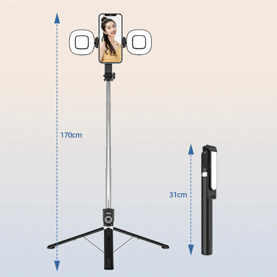A black extendable phone tripod with an LED ring light and mirror mounted on a flexible stand.