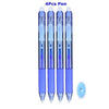 A set of four blue retractable gel pens with a light blue cap and a blue eraser.
