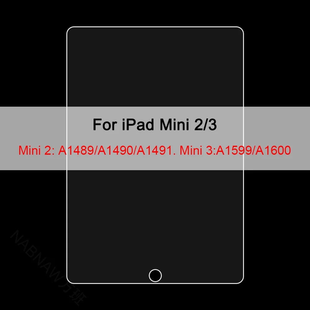 A black screen protector for iPad Mini 2/3, with model numbers listed for Mini 2 and Mini 3.