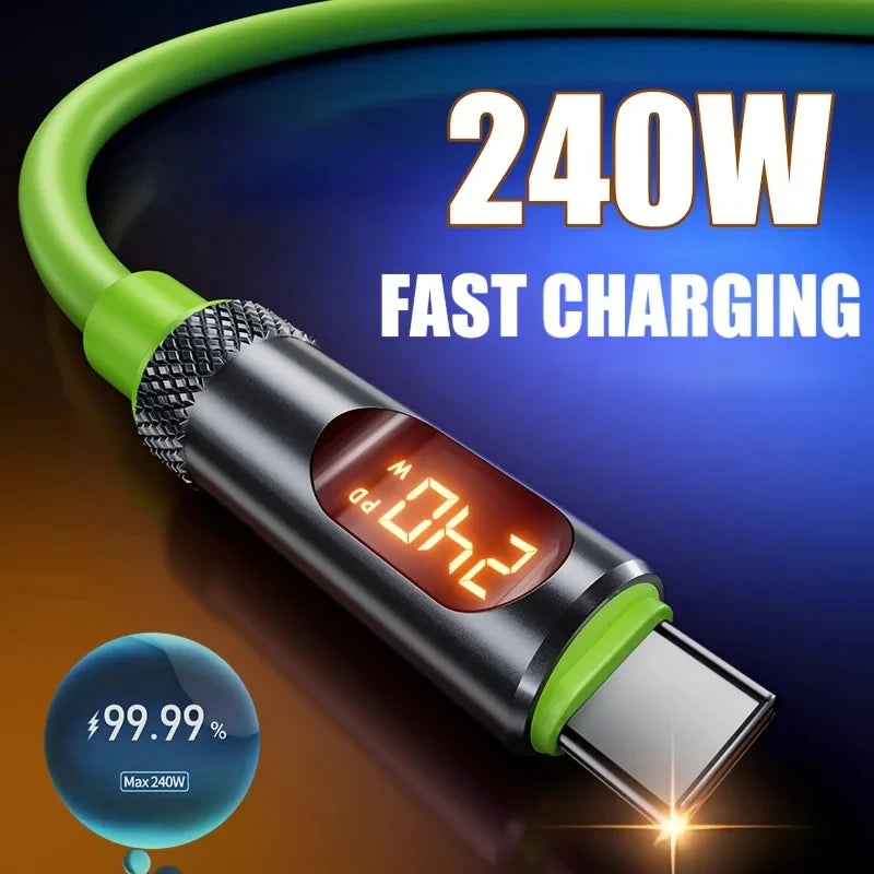 A green and black fast charging cable is shown with a digital display reading 240W.