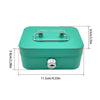 A teal metal key lock cash box with a silver latch and a prominent lock mechanism.