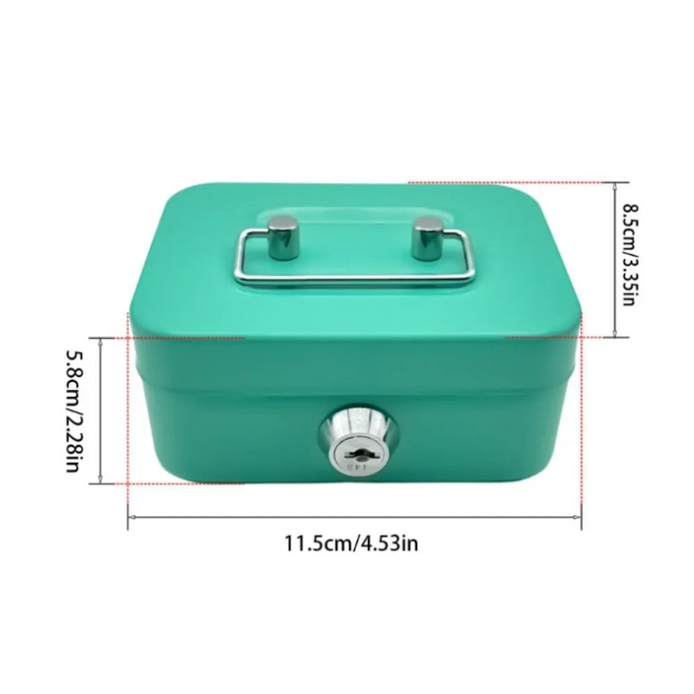 A teal metal key lock cash box with a silver latch and a prominent lock mechanism.