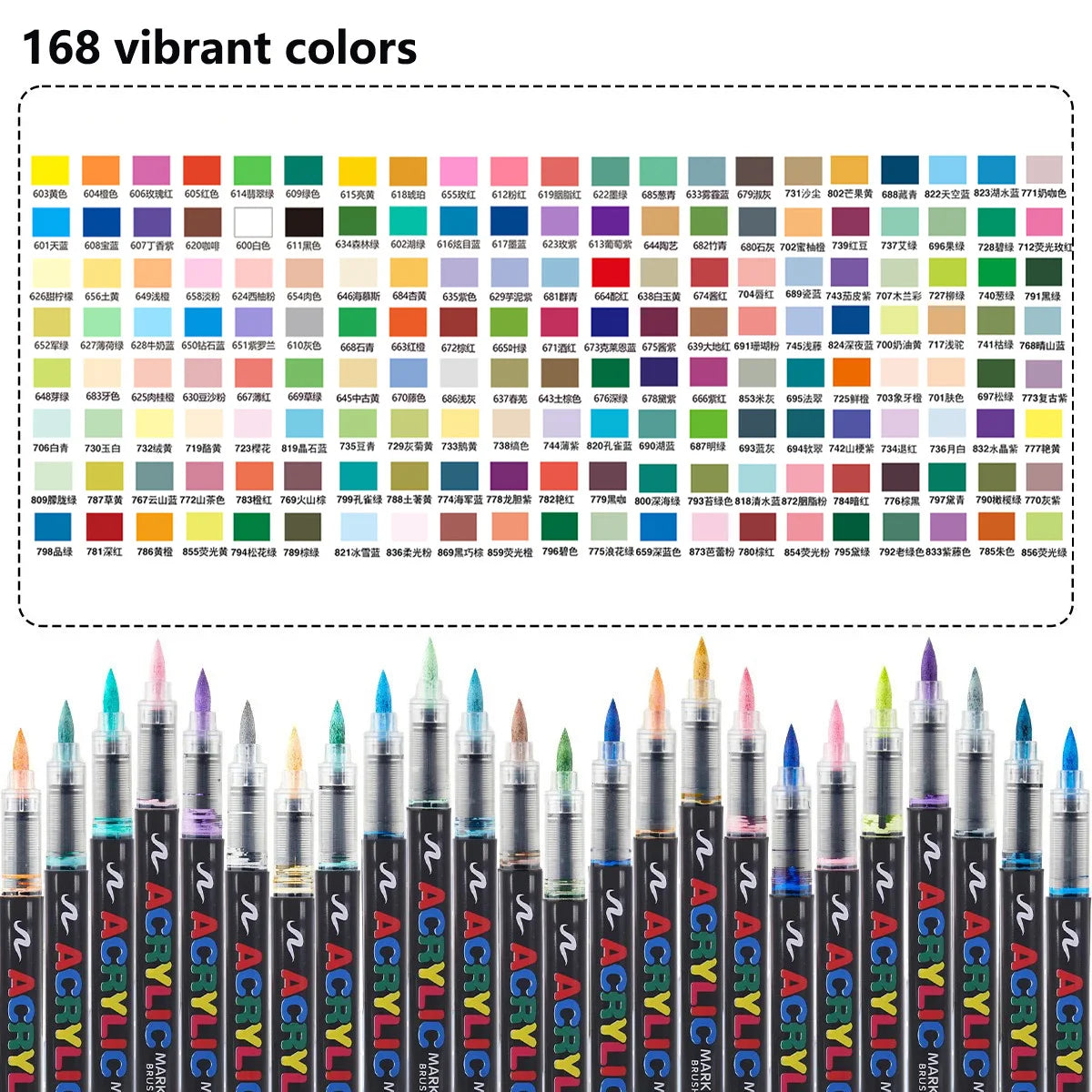 Una colección de 168 colores vibrantes de marcadores acrílicos impermeables profesionales.