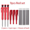A set of 9 red precision carpenter pencils including pens, caps, and lead boxes.