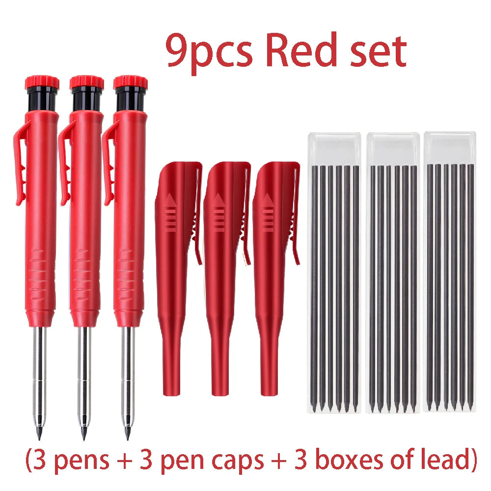 A set of 9 red precision carpenter pencils including pens, caps, and lead boxes.