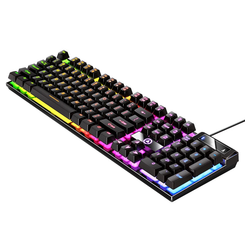 A black wired mechanical keyboard with purple and blue RGB backlight, shown from above.