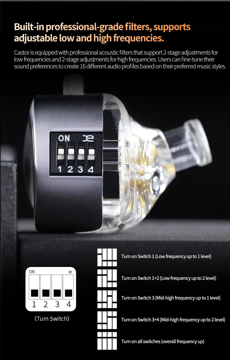 A close-up view of KZ Castor earphones showing the on/off switch and various frequency adjustment settings.