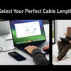 Laptop und Smartphone neben einem Kabel, das verschiedene Längen für ein schnelles USB-C-zu-USB-C-Ladekabel zeigt.