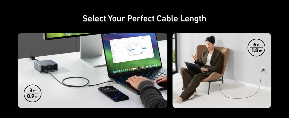 Laptop und Smartphone neben einem Kabel, das verschiedene Längen für ein schnelles USB-C-zu-USB-C-Ladekabel zeigt.
