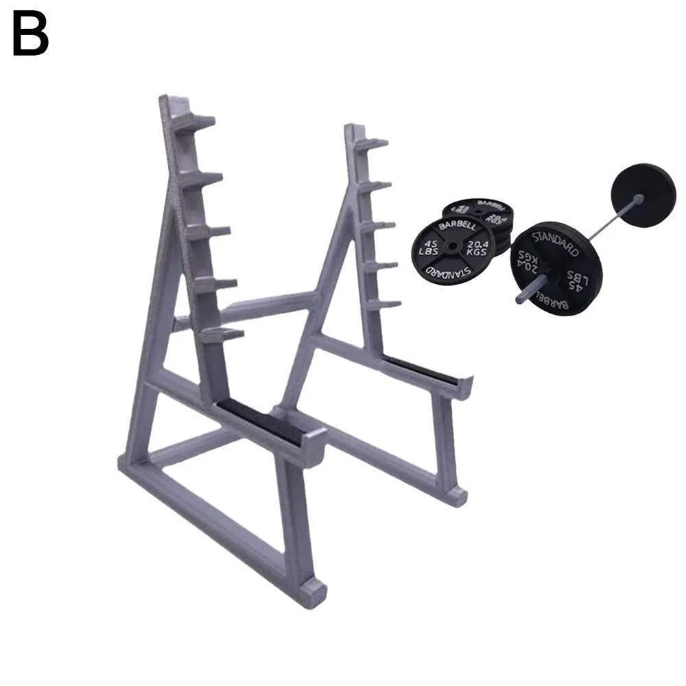 A gray barbell rack desk pen holder organizer with a standard weight plate and barbell.