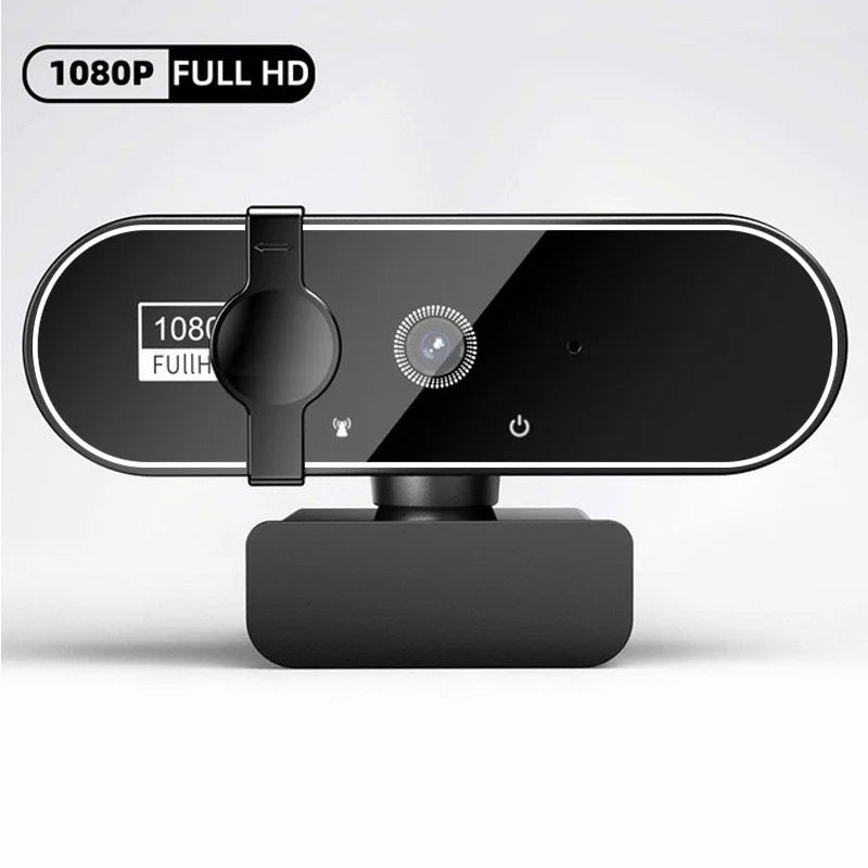 A black webcam device with a lens and microphone is shown against a white background.
