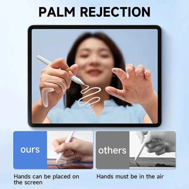 A woman is shown writing on a screen, demonstrating palm rejection technology with a stylus pen.