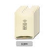 Une pile de cinq cartes ou supports de protection anti-RFID beige.