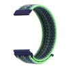 A close-up view of a green and gray nylon loop watch strap with purple adjustment pieces.