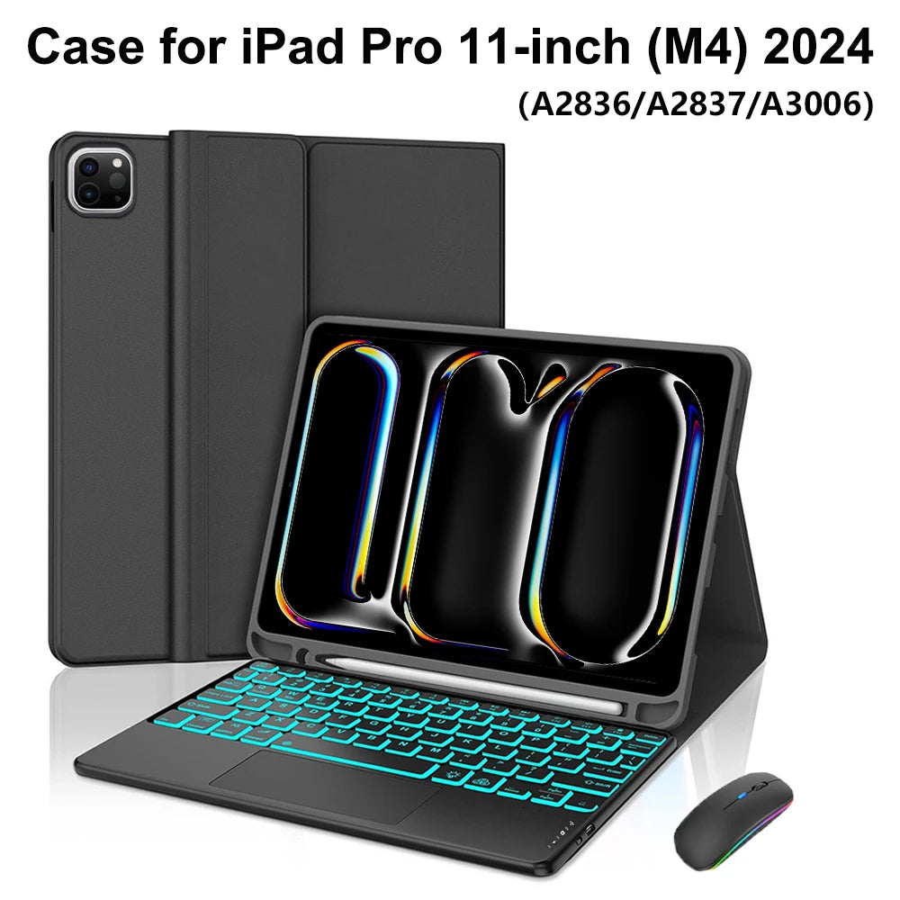 Black magnetic keyboard case for iPad Pro 11-inch M4 featuring a built-in keyboard and stylus.