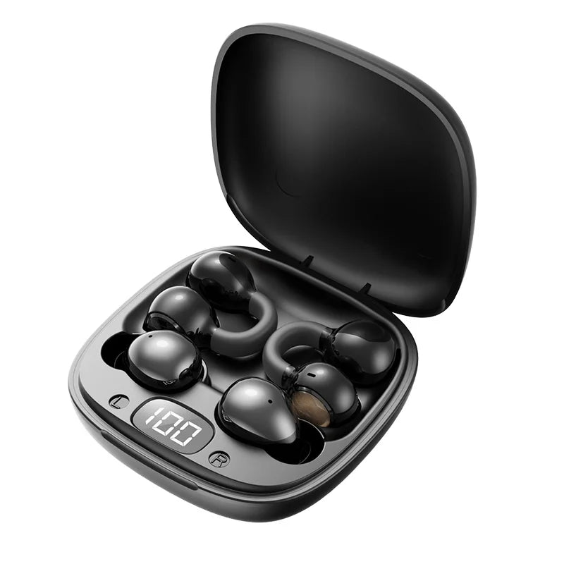 A black wireless clip-on earbud charging case with multiple earbuds visible inside.