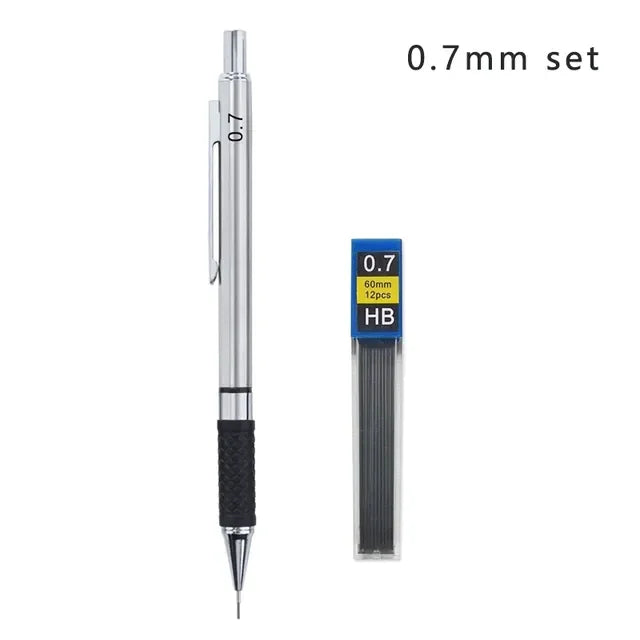 A set of 0.7mm HB mechanical pencil leads and a metal pencil body.