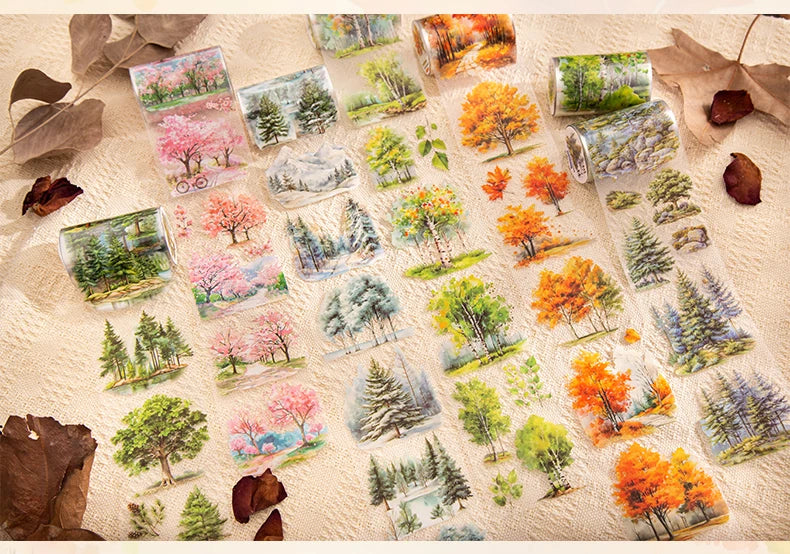 A collection of forest botanical PET tape in various colors and greens, featuring trees, leaves, and nature scenes.