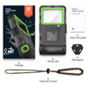 A black waterproof phone case with a green accent, shown alongside its packaging and a fall proof lanyard.