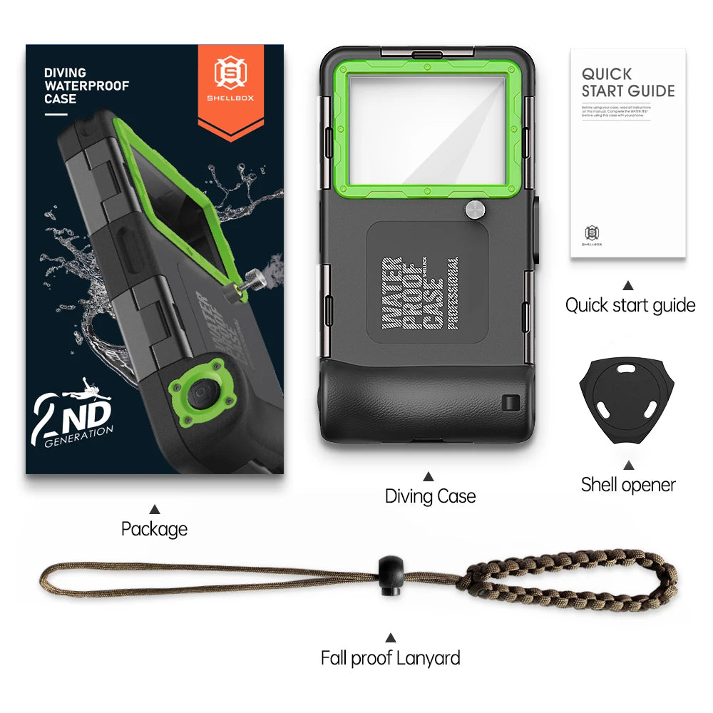 A black waterproof phone case with a green accent, shown alongside its packaging and a fall proof lanyard.