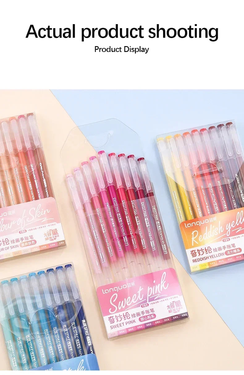 A display of a multi-color Morandi Gel Pen set featuring shades of pink and yellow on a light background.