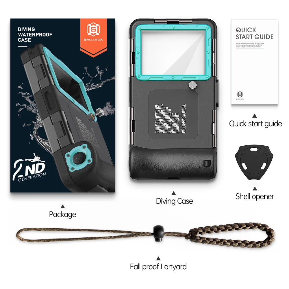 A black waterproof phone case with a clear screen and an attached fall proof lanyard is shown.