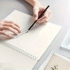 Una mano usa un bolígrafo negro para marcar una regla plegable de acrílico transparente en un cuaderno blanco.