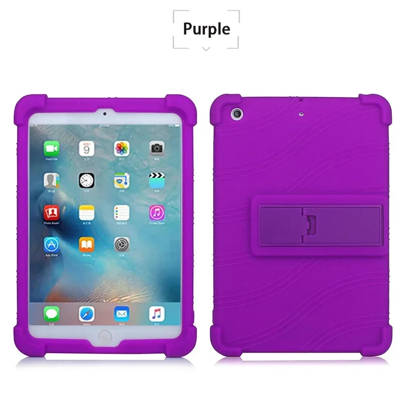 Funda protectora de silicona morada para soporte de iPad Mini.